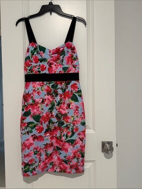 Pink Floral Midi Sheath Dress with Black Accents
